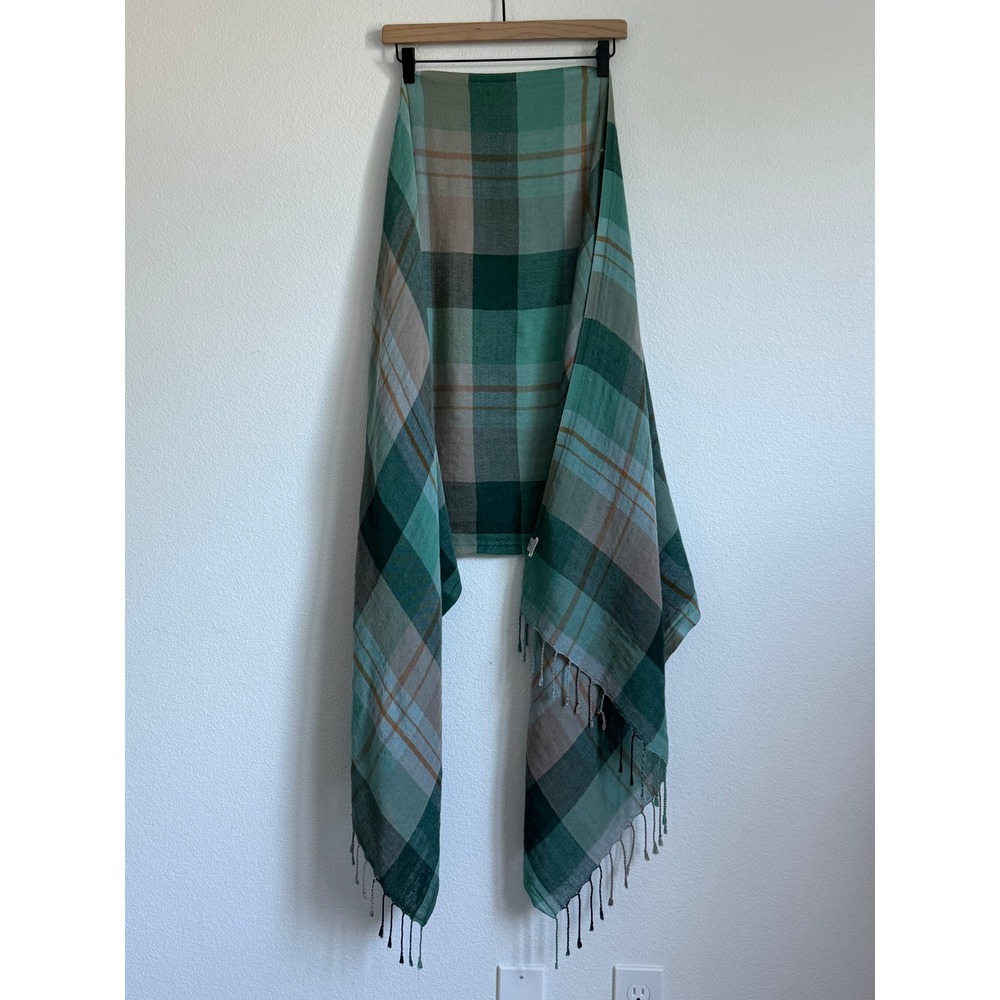 Boho prAna Plaid‎ Fringe Scarf Oversized Green Cabin Wrap Shawl OS Lightweight